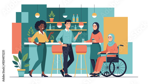Diverse group of colleagues socializing at a bar Inclusion and collaboration concept