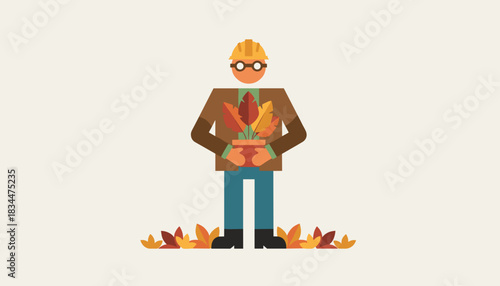 Engineer in hard hat holds potted autumn plant symbolizing sustainable construction and green growth