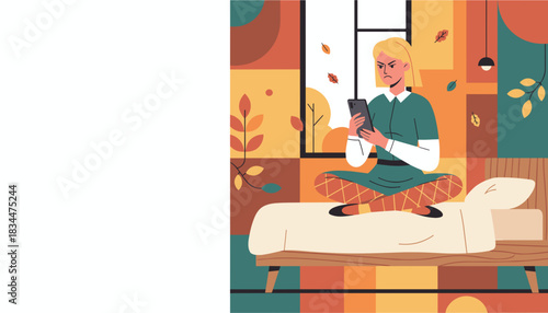 Angry woman checks phone in bed during autumn showing frustration or digital stress