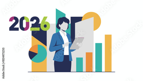 2026 business plan Woman analyzing data and charts for strategic planning and financial growth
