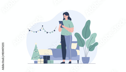 Sad woman using phone in a Christmas setting concept of holiday melancholy or digital distress