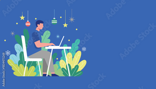 Remote worker using laptop in a cozy festive garden setting Holiday work illustration