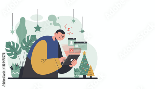Frustrated man using a tablet overwhelmed by digital tasks and holiday season stress