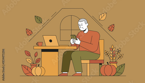 Older man checking smartphone at laptop desk in a cozy autumn home office illustration