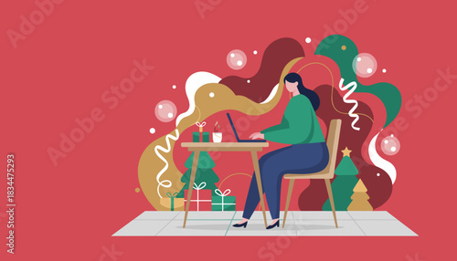 Woman working on laptop at desk amidst festive Christmas decorations Remote holiday business illustration