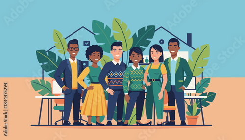 Diverse professional team stands confidently in a modern green office setting Teamwork and success