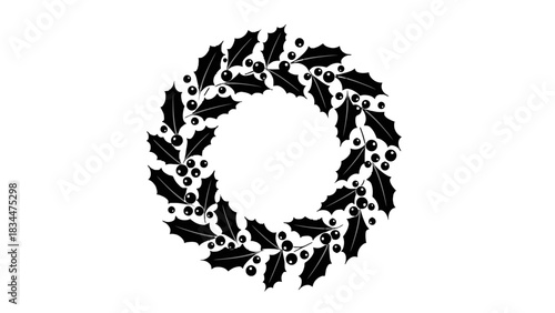 A black silhouette of a festive Christmas wreath made from holly leaves and berries on a white background.