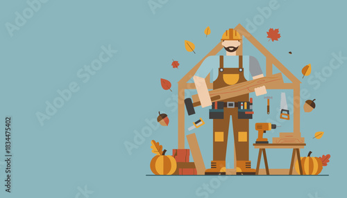 Carpenter building a house frame surrounded by autumn decor and tools Fall construction and renovation concept