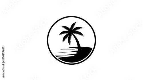 Black and white circular logo featuring a palm tree on a beach with water.