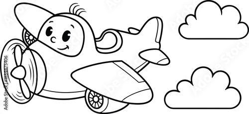 Cute cartoon airplane with smiling face flying among fluffy clouds