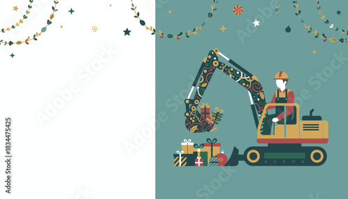 Festive excavator delivers Christmas gifts Worker operating heavy machinery holiday illustration