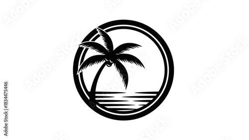 Black and white logo of a palm tree on a beach inside a circle.