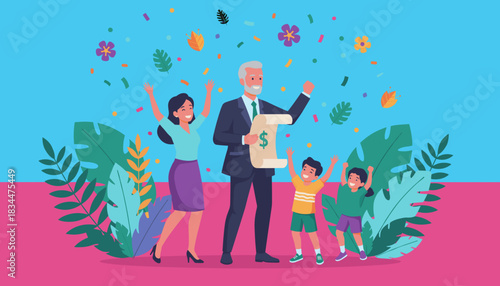 Happy family celebrating financial success with money scroll and confetti falling