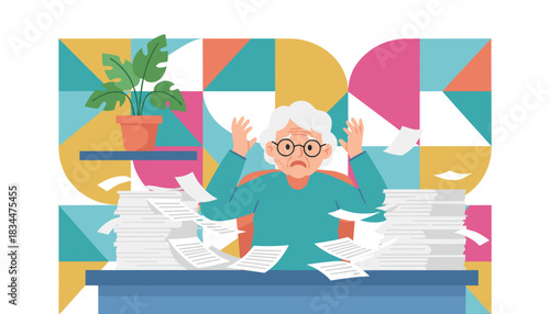 Overwhelmed senior drowning in huge stacks of paperwork illustrating stress burnout and bureaucracy