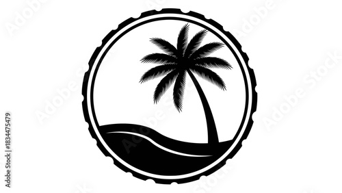 A black and white circular emblem featuring a silhouette of a palm tree on a tropical beach.