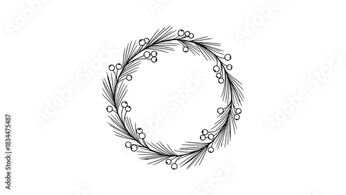 A simple black and white line art illustration of a festive circular wreath made of evergreen branches and berries.