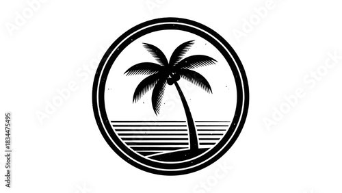 Black and white circular logo featuring a palm tree on a beach with ocean waves.