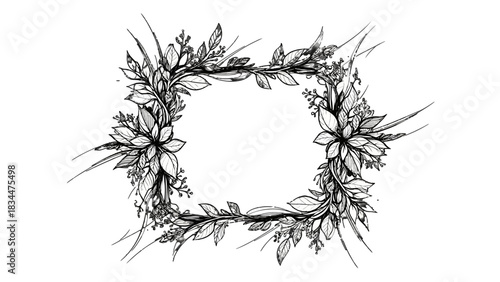Elegant hand-drawn square floral frame with intricate leaves and flowers on a white background.