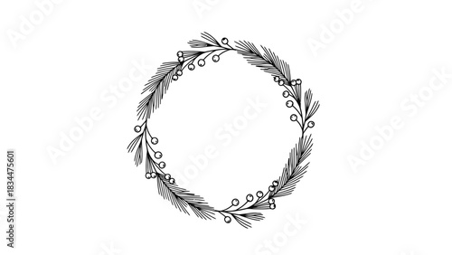 A hand-drawn circular wreath of delicate leaves and berries in black and white on a plain background.