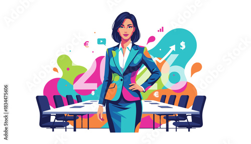 Confident female executive in a stylized conference room symbolizing business growth and financial success