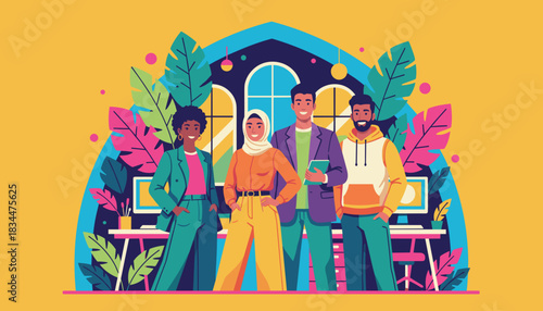 Diverse smiling professional team in a vibrant office setting illustrating collaboration and inclusion