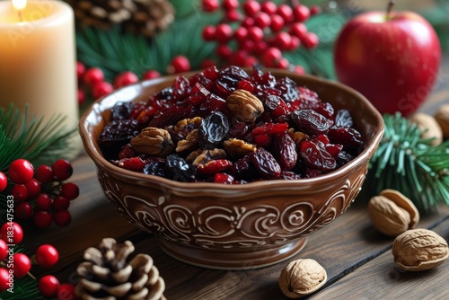 Festive Christmas Cranberry and Nut Mix in Ornate Bowl with Holiday Decor