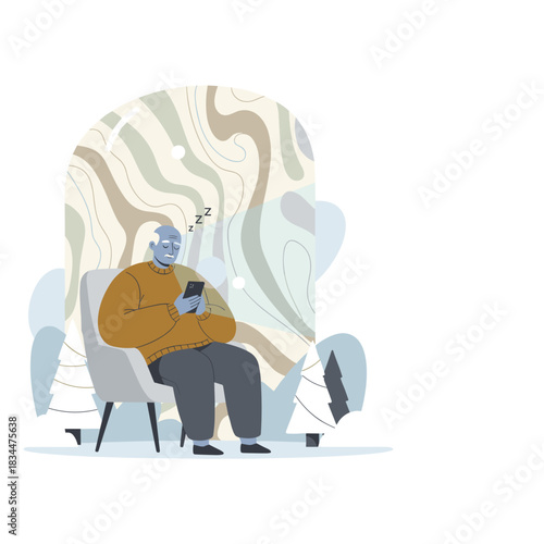 Senior man falling asleep using a smartphone symbolizing digital fatigue and boredom