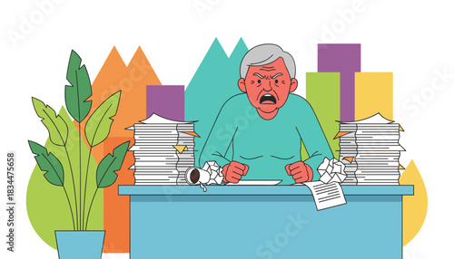 Furious senior manager overwhelmed by massive workload and job stress illustration