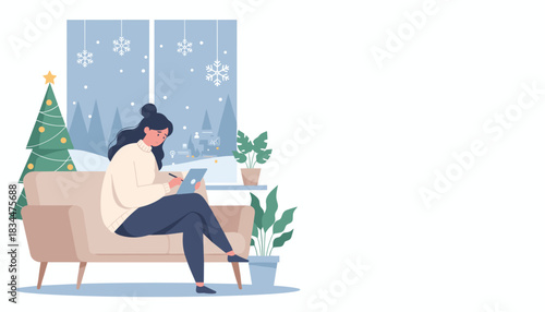 Remote worker uses tablet near a window with snowy view and Christmas tree Cozy productivity