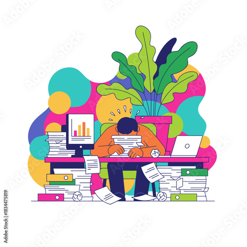 Overworked employee overwhelmed by paperwork and workload stress suffering burnout at the office desk