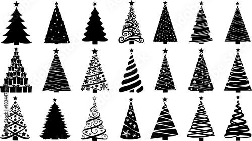 Set of Stylized Christmas Tree Icons and Silhouettes
