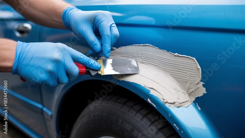 Auto body repair technician skillfully applies filler to a blue car panel