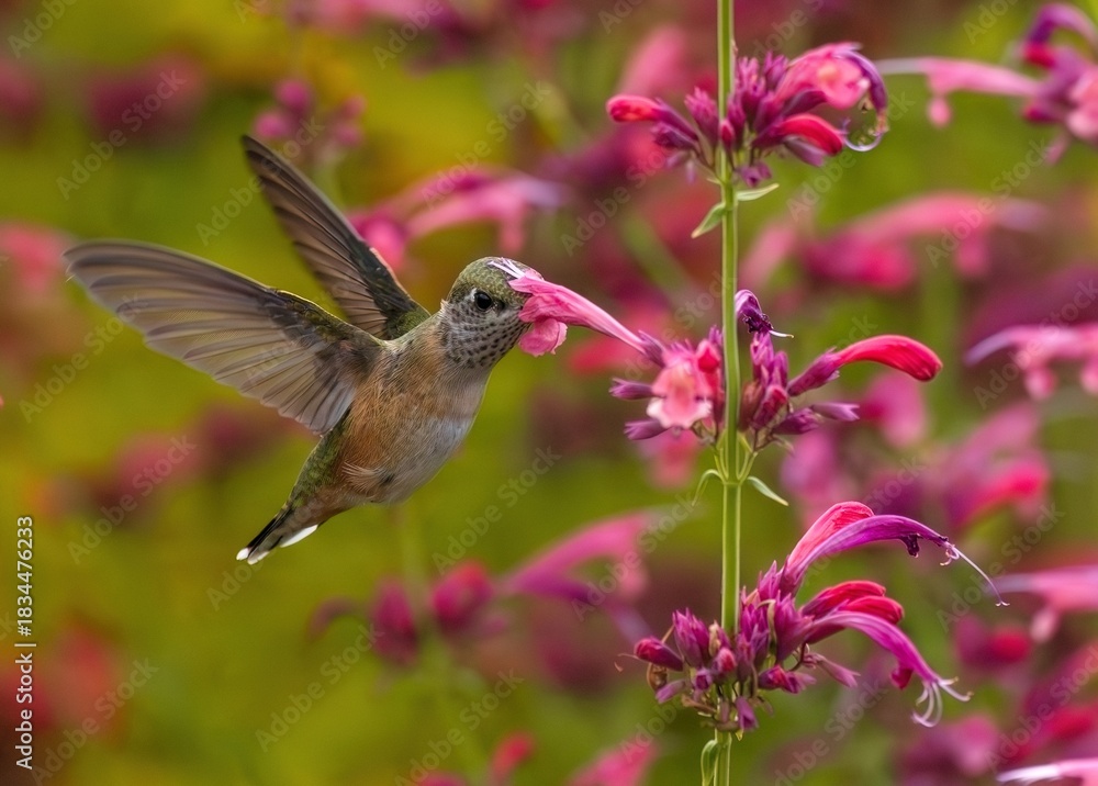 Fototapeta premium Close up of a cute Hummingbird with its beak embedded deeply into a Hummingbird Mint flower while feeding.