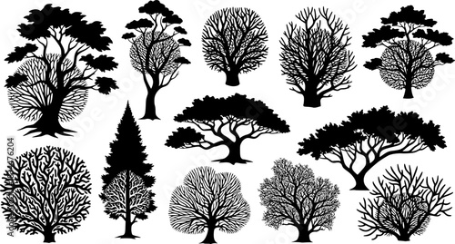 Collection of stylized black and white silhouette illustrations of trees and coral
