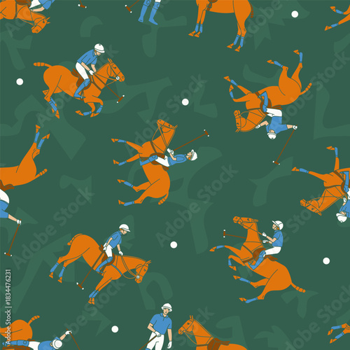 Seamless pattern with dynamic polo players on horses over a green background with abstract shapes