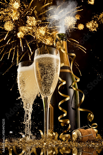 New year champagne bottle and two flutes with gold ribbons on a dazzling purple glitter background. 
