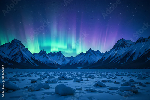 Vibrant aurora borealis shimmers over snow covered mountains under a starry night sky