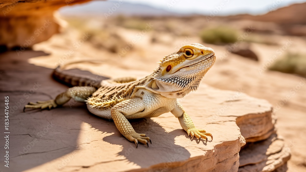 Fototapeta premium Bearded dragon lizard basking on rocks in desert sunlight, stunning reptile