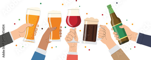 Alcoholic drinks icon vector—five hands with beer, wine, and bottle for party, celebration, and beverage-themed festive visuals