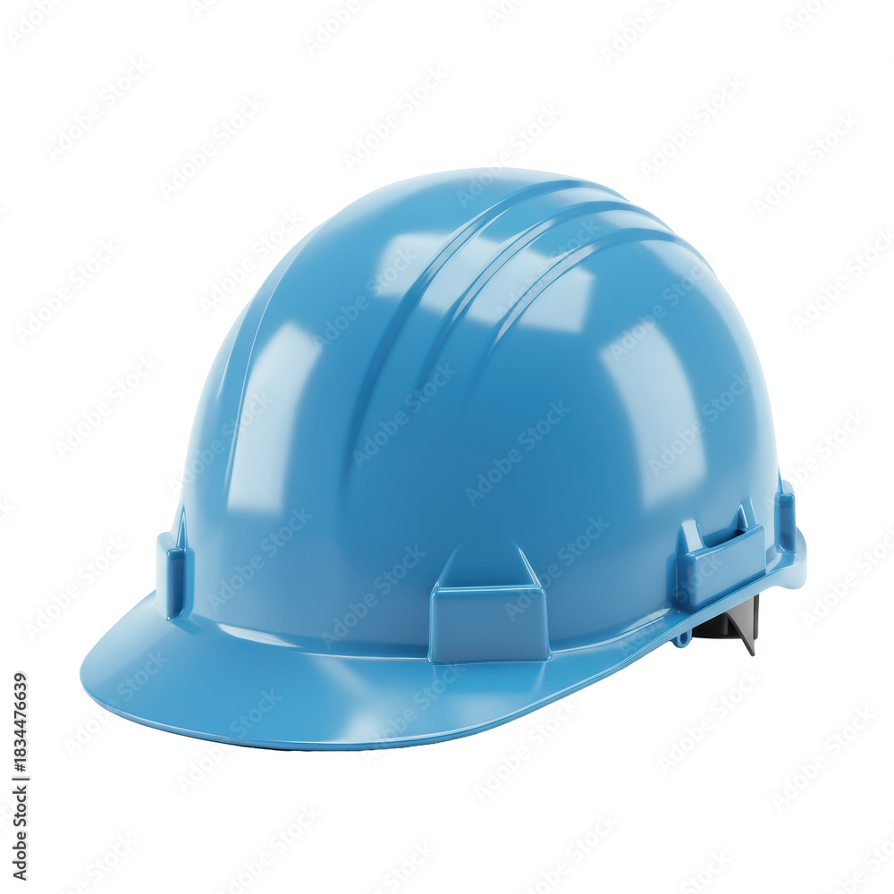 Fototapeta premium A pristine light sky-blue construction hard hat with reinforcing ridges, isolated on a brilliant white background with copy space. Concept of industrial safety