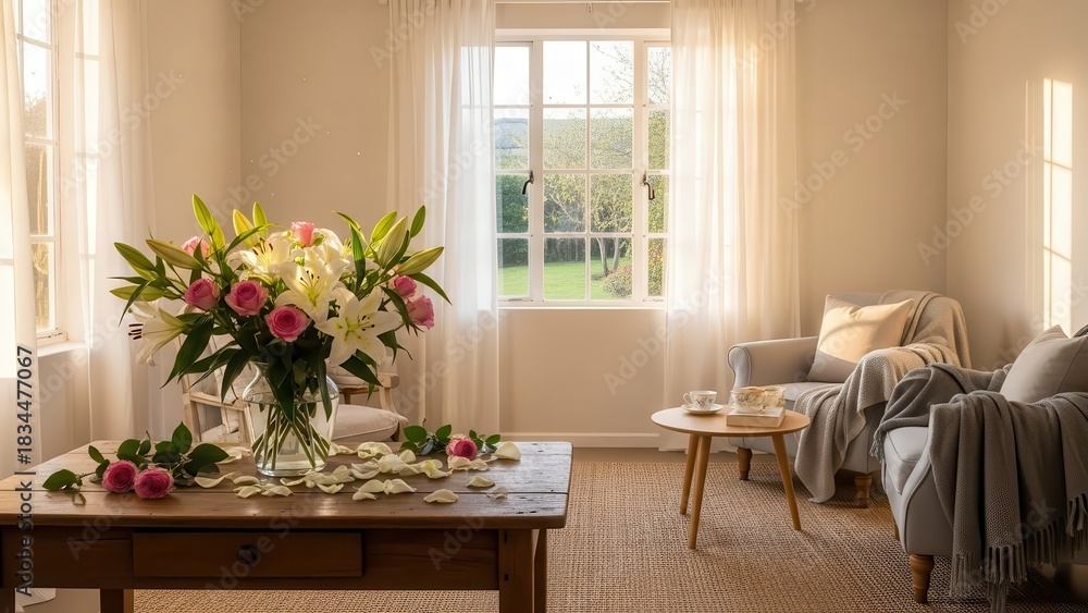 Fototapeta premium Cozy living room with floral bouquet, sunlit interior and garden view