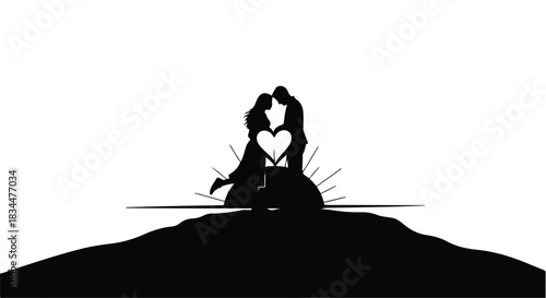 Loving couple silhouette in romantic heart shape on hilltop with sun rays, Valentine's Day concept, love and relationship illustration