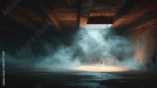 Studying radon gas in a misty basement for safety preparation