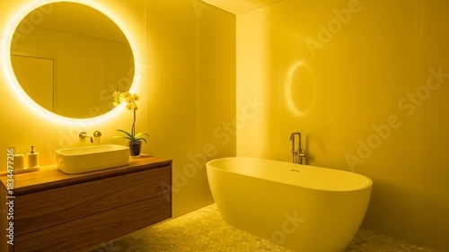 Modern Bathroom Interior Design with Bathtub and Round Mirror Stylish Home Decor