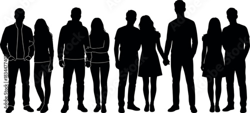 People silhouette, companionship, connection, holding hands, couple pose, black vector, relationship, unity, posture art - flavector