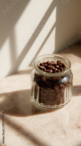 Cozy sunlight kisses a jar of coffee beans, invoking Cafe au Lait Day, hygge vibes, and caffeinated meditation rituals
