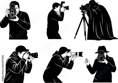 Photographer silhouettes, camera types, vintage and modern photo poses, professional photography illustration collection – flavector