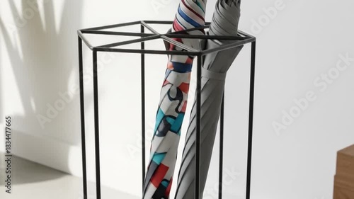 Modern home interior with stylish umbrella stand, plants, and minimalist bench creating a cozy