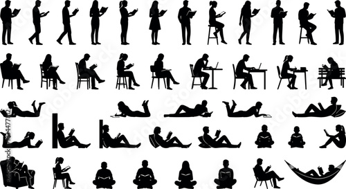 Reading and laptop silhouette collection, relaxed poses, casual settings, black illustration, learning, leisure, posture diversity – flavector