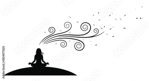 Serene silhouette meditating with swirling energy and leaves ascending